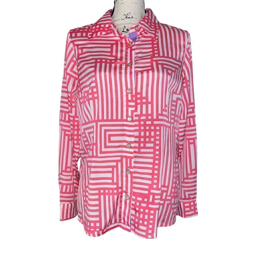 Bob Mackie hot pink & white wearable art button‎ down blouse small